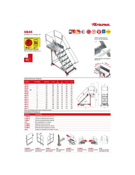 SB45 | Escalera de aluminio con plataforma y vuelo| Inclinación de 45
