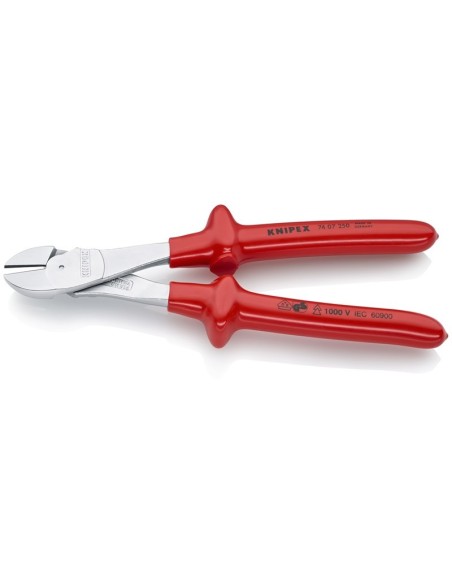 Alicates de corte diagonal de fuerza aislados por inmersión en plástico reforzado, según norma VDE cromado 250 mm KNIPEX 74 07