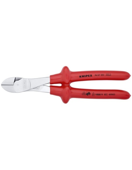 Alicates de corte diagonal de fuerza aislados por inmersión en plástico reforzado, según norma VDE cromado 250 mm KNIPEX 74 07