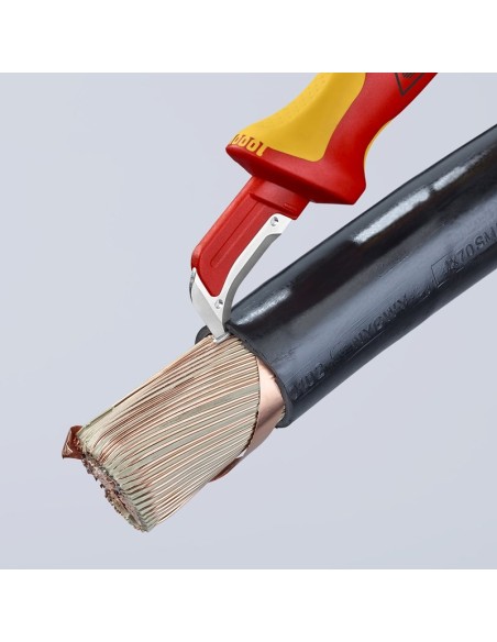 Cuchillo pelacables con guía de deslizamiento mango aislante en dos componentes, según norma VDE 180 mm (cartulina autoservicio