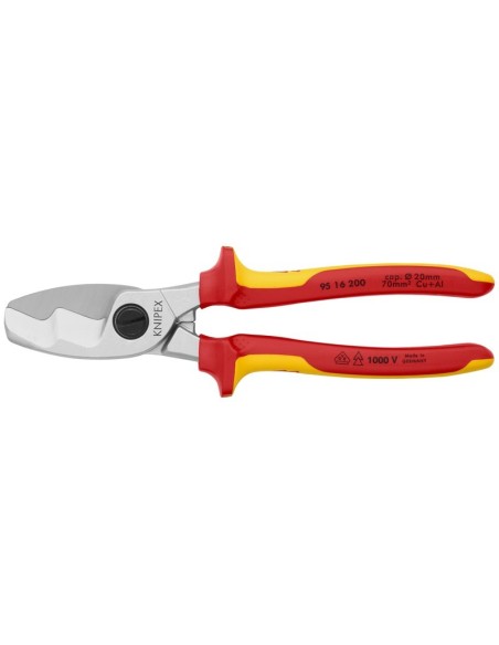 Tijeras cortacables con filo de corte doble aislados con fundas multicomponentes, según norma VDE cromado 200 mm KNIPEX 95 16 2