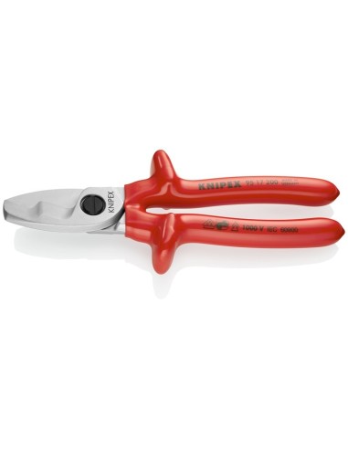 Tijeras cortacables con filo de corte doble aislados por inmersión en plástico reforzado, según norma VDE cromado 200 mm KNIPEX