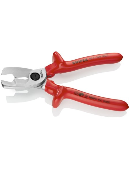 Tijeras cortacables con filo de corte doble aislados por inmersión en plástico reforzado, según norma VDE cromado 200 mm KNIPEX