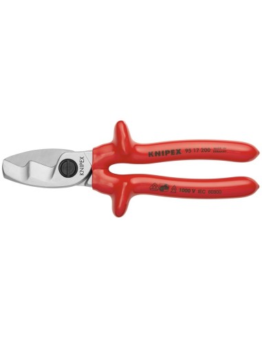 Tijeras cortacables con filo de corte doble aislados por inmersión en plástico reforzado, según norma VDE cromado 200 mm KNIPEX