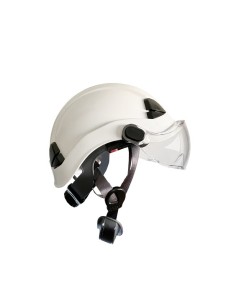 Casco blanco con ventilación, visera retráctil. Con barboquejo y número de serie. Aislamiento eléctrico. EN 397 - EN50365 - En