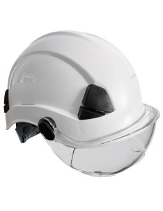 Casco blanco con ventilación, visera retráctil. Con barboquejo y número de serie. Aislamiento eléctrico. EN 397 - EN50365 - En 2
