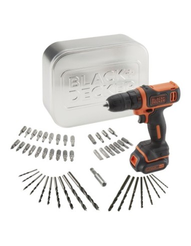 BDCDD12AT-QW - Taladro Atornillador 10,8V con 1 batería 1,5Ah de Litio, 50 accesorios, cargador y caja metálica