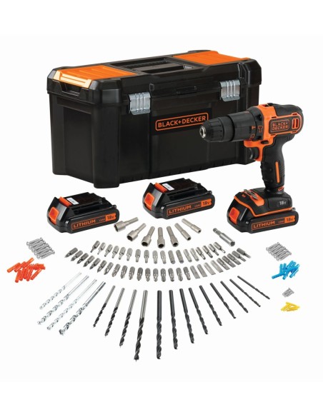 BDCHD181B3A-QW - Taladro percutor 18V 1.5Ah Litio con 3 baterías, cargador rápido, 120 accesorios y caja de herramientas