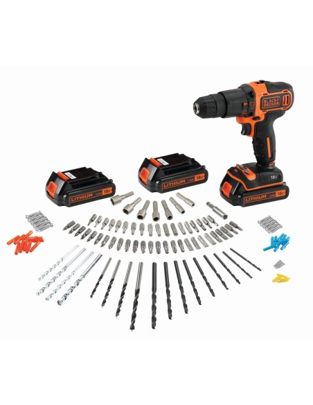 BDCHD181B3A-QW - Taladro percutor 18V 1.5Ah Litio con 3 baterías, cargador rápido, 120 accesorios y caja de herramientas