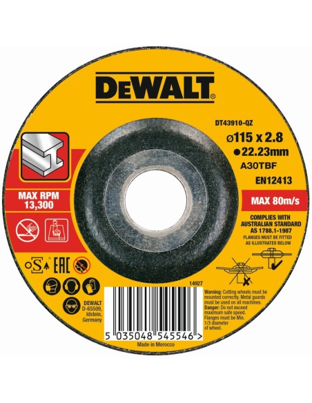 DT43910-QZ - Disco de corte concavo para metal con grano profesional de óxido de alumínio 115 x 2.8 x 22.23mm