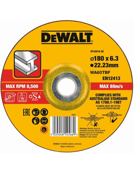 DT43918-QZ - Disco de desbaste concavo para metal con grano profesional de óxido de alumínio 180 x 6.3 x 22.23mm