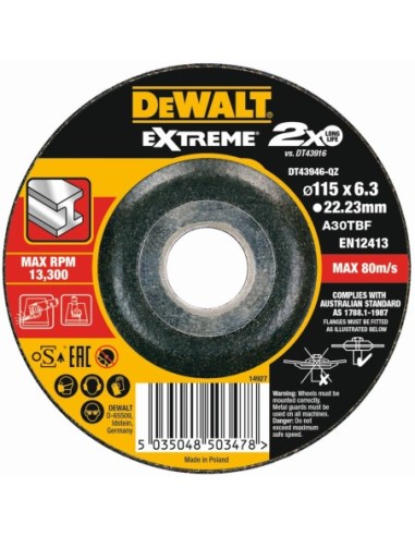 DT43946-QZ - Disco de desbaste concavo EXTREME para metal con grano industrial de óxido de alumínio 115 x 6.3 x 22.23mm