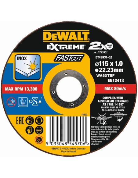 DT43931-QZ - Disco de corte plano EXTREME Fast Cut para INOX
