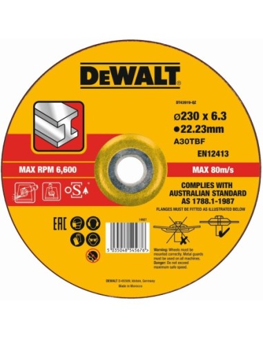 DT43919-QZ - Disco de desbaste concavo para metal con grano profesional de óxido de alumínio 230 x 6.3 x 22.23mm
