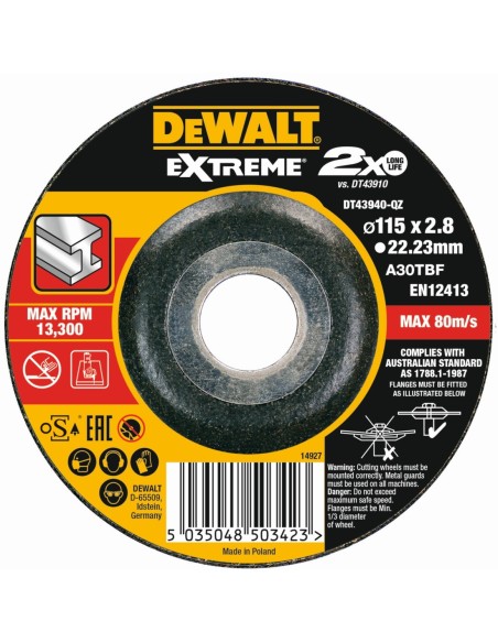 DT43940-QZ - Disco de corte concavo EXTREME para metal con grano industrial de óxido de alumínio 115 x 2.8 x 22.23mm