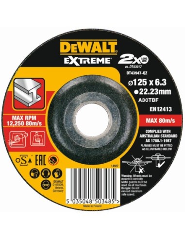 DT43947-QZ - Disco de desbaste concavo EXTREME para metal con grano industrial de óxido de alumínio 125 x 6.3 x 22.23mm