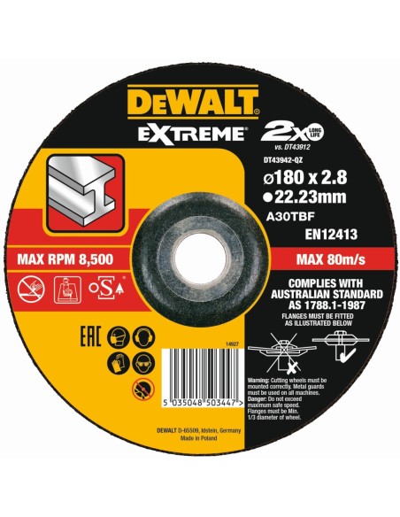 DT43942-QZ - Disco de corte concavo EXTREME para metal con grano industrial de óxido de alumínio 180 x 2.8 x 22.23mm
