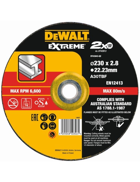 DT43943-QZ - Disco de corte concavo EXTREME para metal con grano industrial de óxido de alumínio 230 x 2.8 x 22.23mm