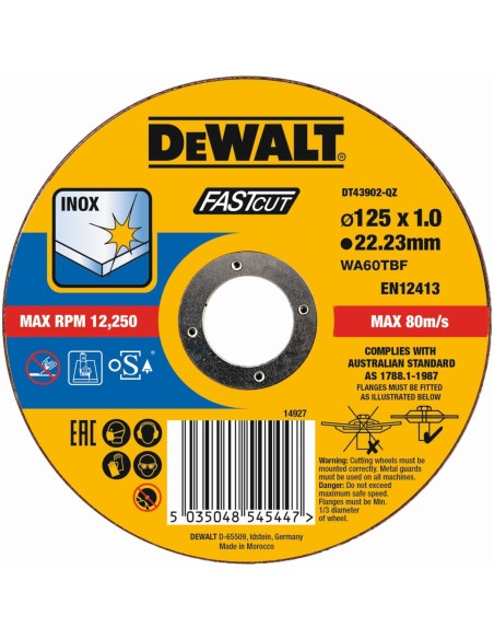 DT43902-QZ - Disco de corte plano INOX con grano profesional de óxido de aluminio Fast Cut 125 x 1 x 22.23mm
