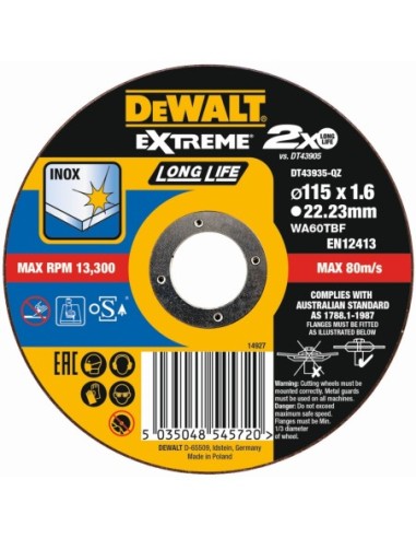 DT43935-QZ - Disco de corte plano EXTREME Long Life para INOX