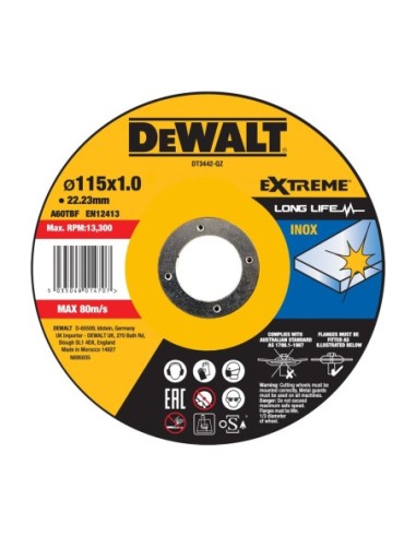 DT3442-QZ - Disco de corte plano EXTREME Fast Cut para INOX con grano industrial de óxido de aluminio 115 x 1 x 22.23mm