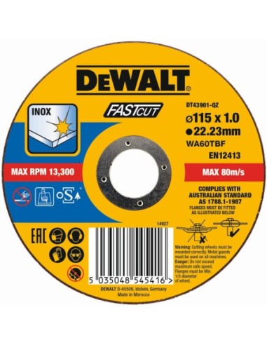 DT43901-QZ - Disco de corte plano INOX con grano profesional de óxido de aluminio Fast Cut 115 x 1.2 x 22.23mm
