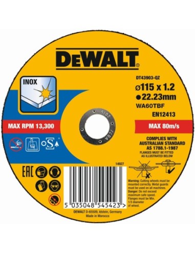 DT43903-QZ - Disco de corte plano INOX con grano profesional de óxido de aluminio Thin Cut 115 x 1.2 x 22.23mm