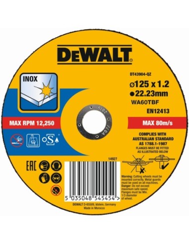 DT43904-QZ - Disco de corte plano INOX con grano profesional de óxido de aluminio Long Life 125 x 1.6 x 22.23mm
