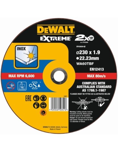 DT43939-QZ - Disco de corte plano EXTREME Thin Cut para INOX con grano industrial de óxido de aluminio 230 x 1.9 x 22.23mm