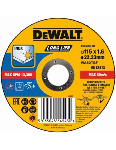 DT43905-QZ - Disco de corte plano INOX con grano profesional de óxido de aluminio Long Life 125 x 1.6 x 22.23mm