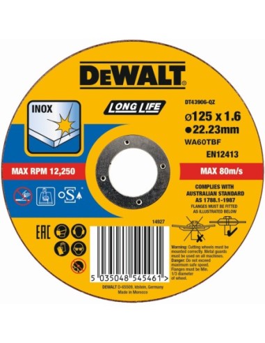 DT43906-QZ - Disco de corte plano INOX con grano profesional de óxido de aluminio Long Life 125 x 1.6 x 22.23mm