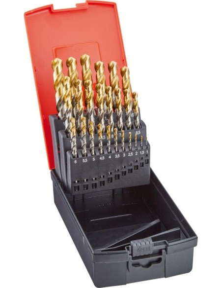 Jgo broca espiral DIN338 HSS TiN-TIP 1,0-13,0mm 0,5mm aumento 25 pzas