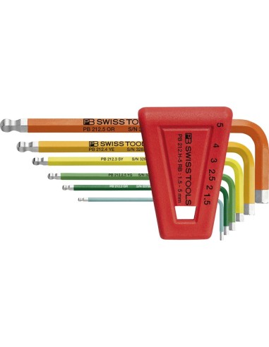Juego llaves Allen en soporte plástico 6 uds 1,5-5mm Rainbow cabeza esférica PB Swiss Tools