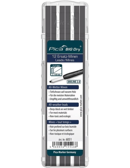 Juego de minas para Lápizde carpintero BIG Dry ANILINE2.0 grafito Pica