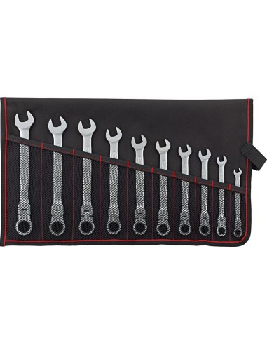 Llave carraca articulada juego 8-19mm 10 piezas enestuche enroll.