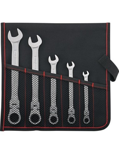 Llave carraca articulada juego 8-19mm 5 piezas en estuche enroll.