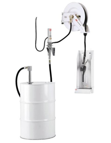 PAQUETE ESTACIONARIO DE BOMBA NEUMÁTICA PUMPMASTER 2 - 3:1 PARA ACEITE CON ENROLLADOR RM-12, MURAL, BIDÓN 205 L