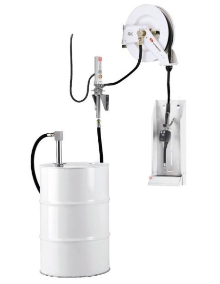 PAQUETE ESTACIONARIO DE BOMBA NEUMÁTICA PUMPMASTER 2 - 3:1 PARA ACEITE CON ENROLLADOR RM-12, MURAL, BIDÓN 205 L