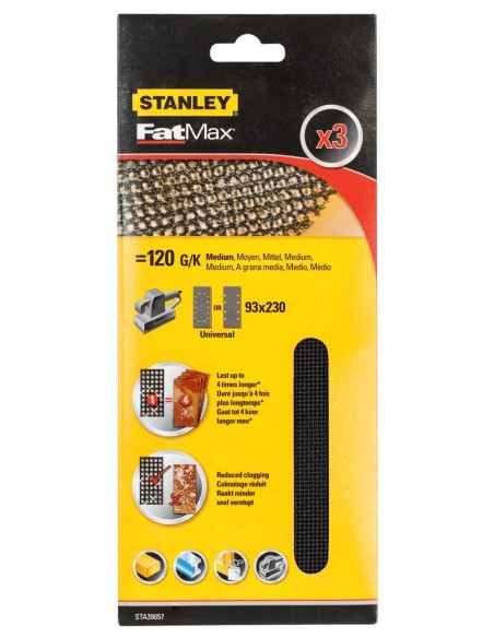 3 hojas de lija de malla 1/3 (93x190mm), no velcro. Grano 120