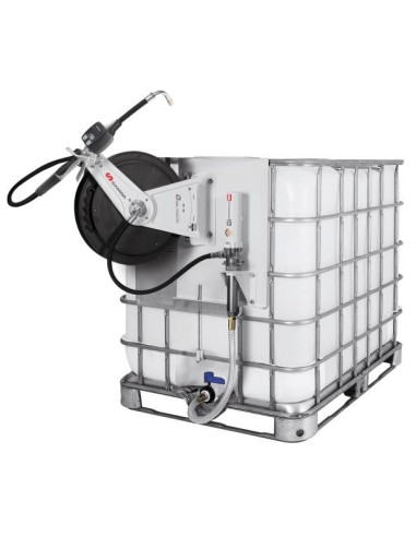 PAQUETE ESTACIONARIO DE BOMBA NEUMÁTICA PUMPMASTER 2 - 3:1 PARA ACEITE CON ENROLLADOR RM-12S, MONTAJE LATERAL, IBC 1.000 L