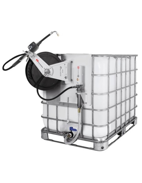 PAQUETE ESTACIONARIO DE BOMBA NEUMÁTICA PUMPMASTER 2 - 3:1 PARA ACEITE CON ENROLLADOR RM-12S, MONTAJE LATERAL, IBC 1.000 L