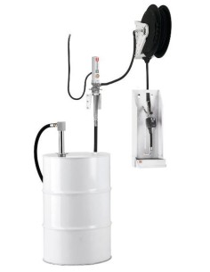 PAQUETE ESTACIONARIO DE BOMBA NEUMÁTICA PUMPMASTER 2 - 3:1 PARA ACEITE CON ENROLLADOR RM-12S, MURAL, BIDÓN 205 L