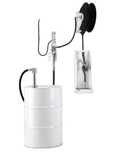 PAQUETE ESTACIONARIO DE BOMBA NEUMÁTICA PUMPMASTER 2 - 3:1 PARA ACEITE CON ENROLLADOR RM-12S, MURAL, BIDÓN 205 L