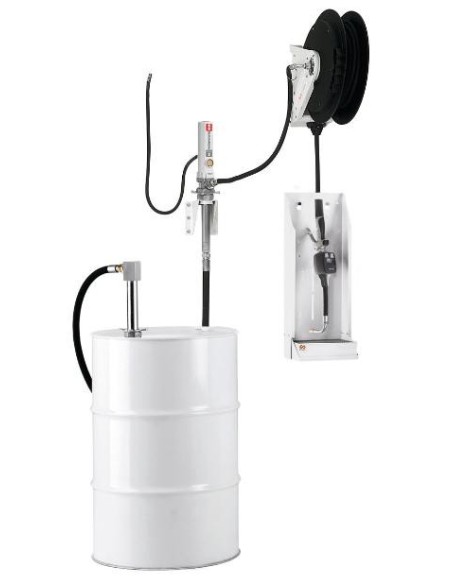 PAQUETE ESTACIONARIO DE BOMBA NEUMÁTICA PUMPMASTER 2 - 3:1 PARA ACEITE CON ENROLLADOR RM-12S, MURAL, BIDÓN 205 L
