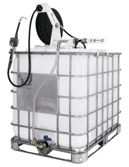 PAQUETE ESTACIONARIO DE BOMBA NEUMÁTICA PUMPMASTER 2 - 3:1 PARA ACEITE CON ENROLLADOR RM-12S, MONTAJE SUPERIOR, IBC 1.000 L