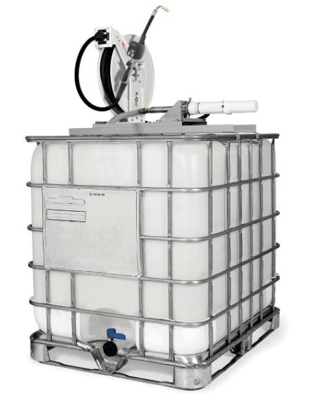 PAQUETE ESTACIONARIO DE BOMBA NEUMÁTICA PUMPMASTER 2 - 3:1 PARA ACEITE CON ENROLLADOR RM-12, MONTAJE SUPERIOR, IBC 1.000 L