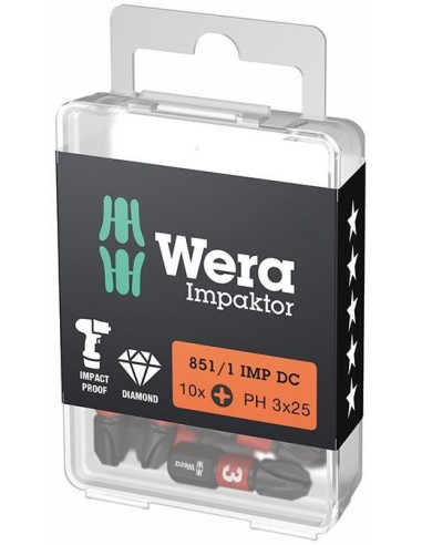 Punta Impaktor 1/4 DIN 3126 C6,3 PH3x25mm Paquete 10 uds Wera