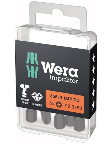 Punta Impaktor 1/4 DIN 3126 E6,3 PZ3x50mm Paquete 5 uds Wera