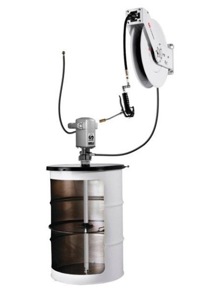 PAQUETE ESTACIONARIO DE BOMBA NEUMÁTICA PUMPMASTER 35 - 60:1 PARA GRASA CON ENROLLADOR Y PISTOLA, BIDÓN 185 KG