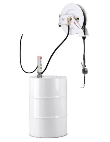 PAQUETE ESTACIONARIO DE BOMBA NEUMÁTICA PUMPMASTER 2 - 3:1 PARA ACEITE CON ENROLLADOR RM-12, BIDÓN 205 L